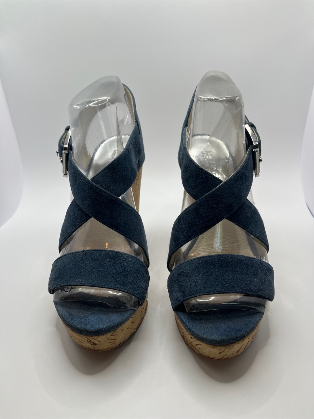Michael Kors Navy Suede Crisscross Cork Wedge Sandals